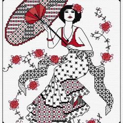 Blackwork girl with parasol dame au parasol lesley teare 1