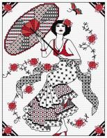 Blackwork girl with parasol dame au parasol lesley teare 5