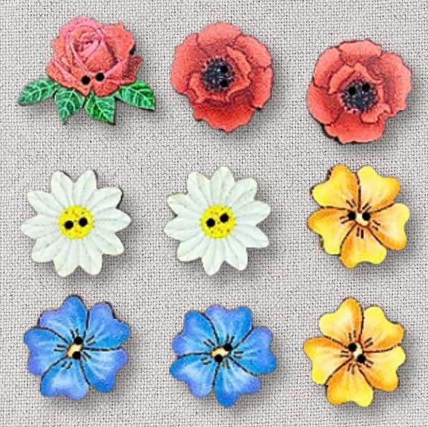 Bouton bois en pochette fleurs et coquelicots atelier bonheur du jour