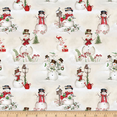 Tissu Patchwork December Magic Scenic Snowman Ecru 4890-085