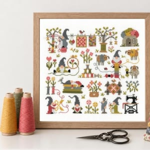 Les gnomes et l art du fil ft123 fiche ou kit de point de croix de broderie jardin prive