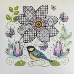 Blackwork Clematis flower and Great tit 'Clématite et Mésange Lesley Teare