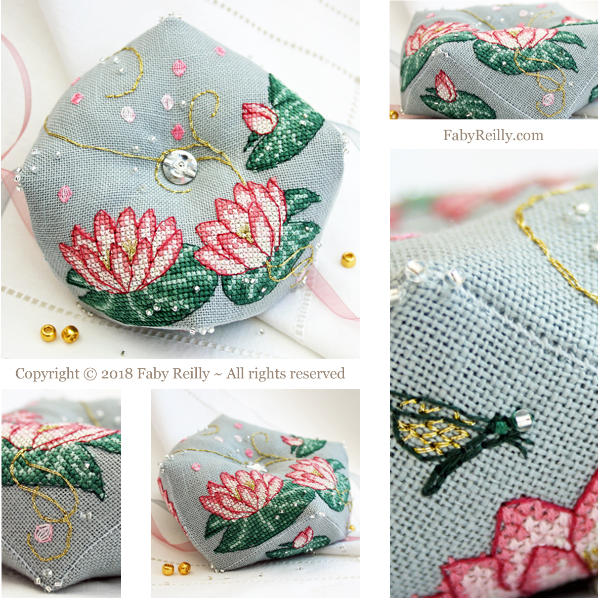 Pink lotus biscornu faby reilly designs