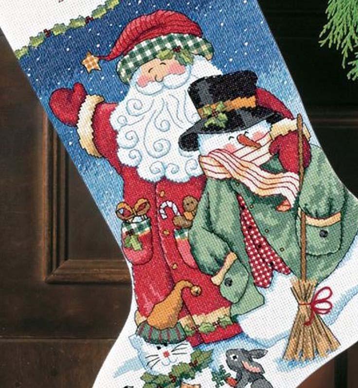 Santa snowman christmas stocking chaussette du pere noel kit de point de croix dimensions 1