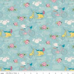 Tissus Patchwork Jordan Someday Vélo bleu et roses au jardin C7910 AQUA